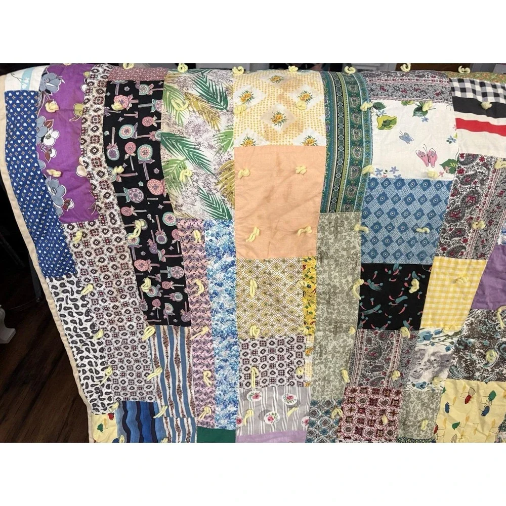 VTG Hand-Made Patchwork‎ Quilt Yarn Tied 64x80 Farmhouse Chickens Cottagecore
